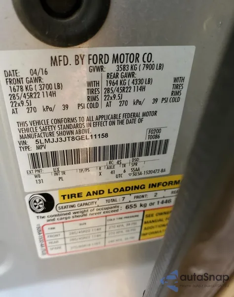 2016 Lincoln Navigator L Select z USA, uszkodzony, nr VIN 5LMJJ3JT8GEL11158